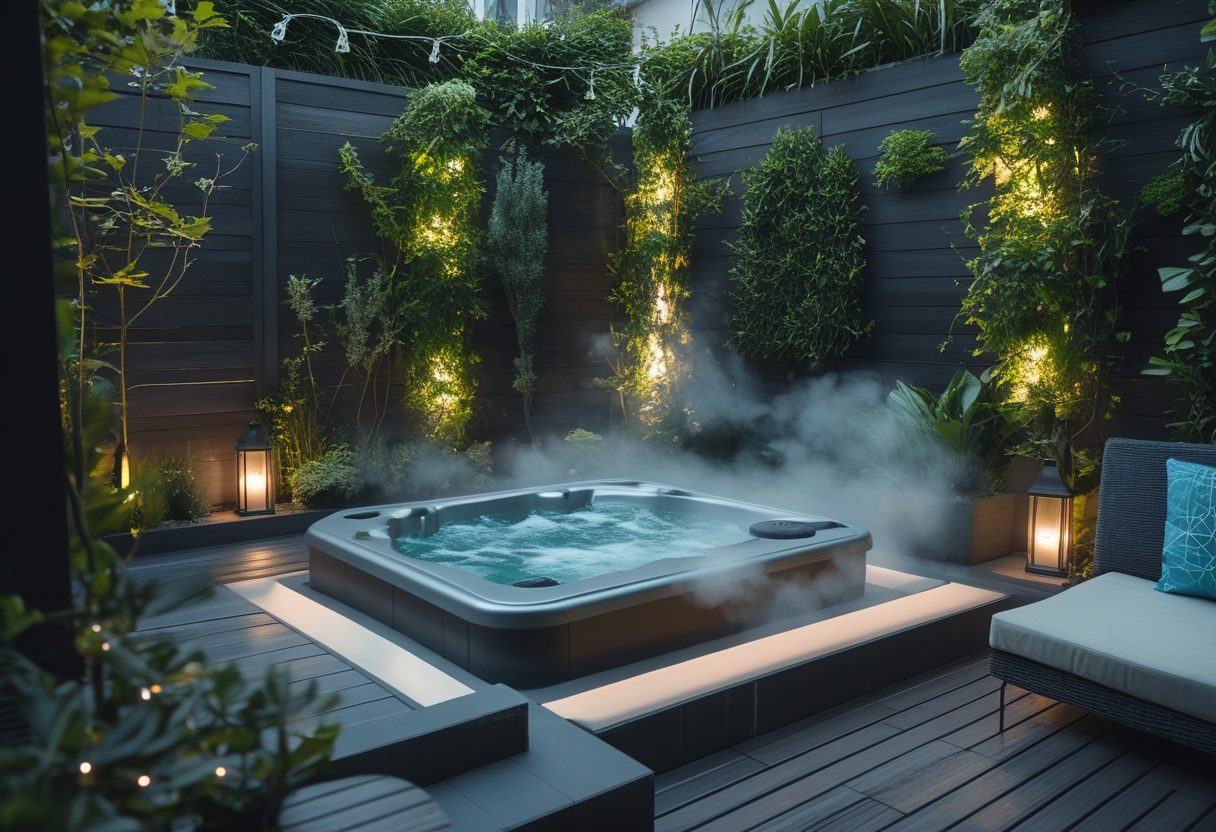 A small outdoor jacuzzi in a compact backyard surrounded by plants and soft lighting.