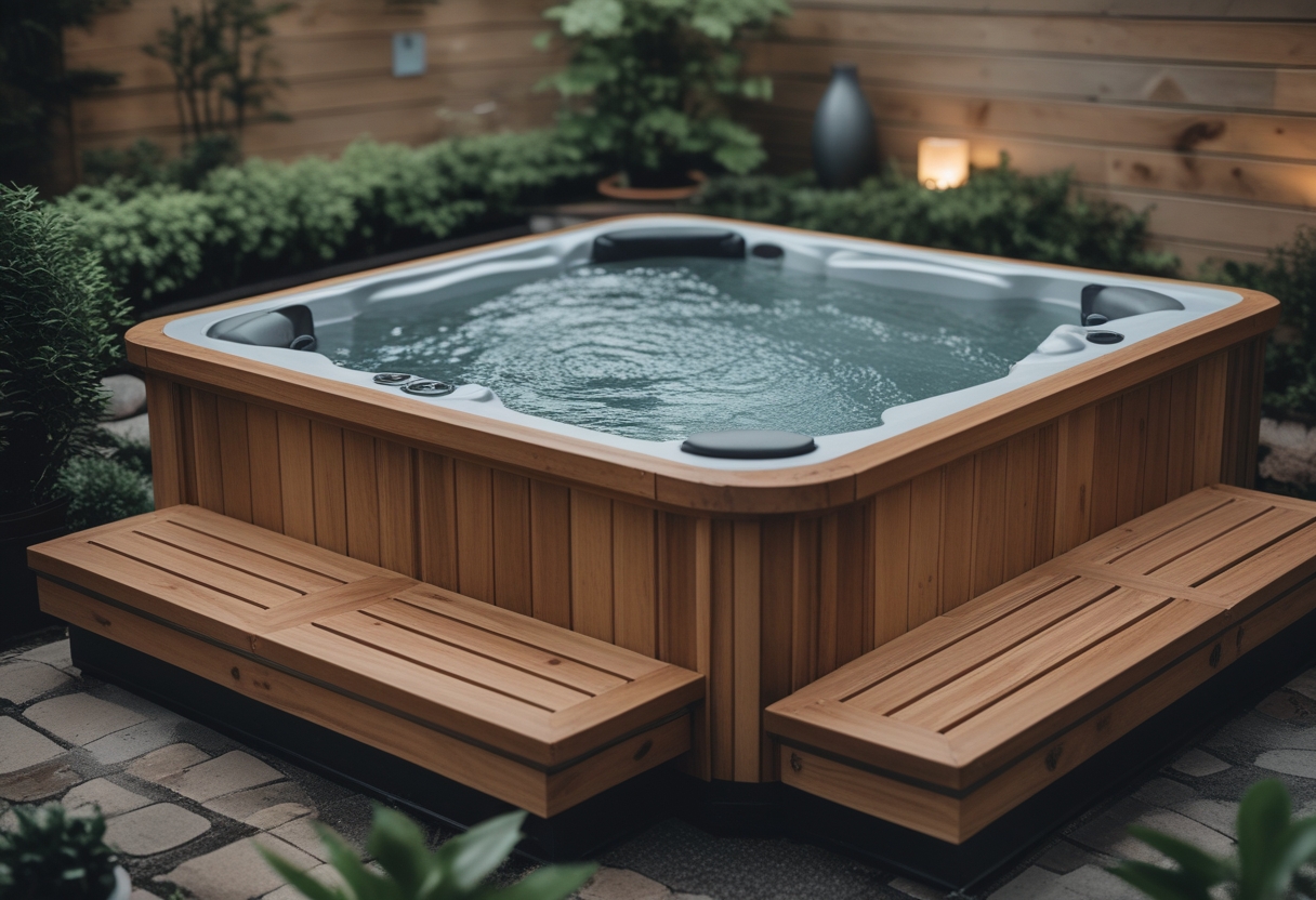 A built-in sunken cedar hot tub with integrated bench seating in a small outdoor space surrounded by greenery.
