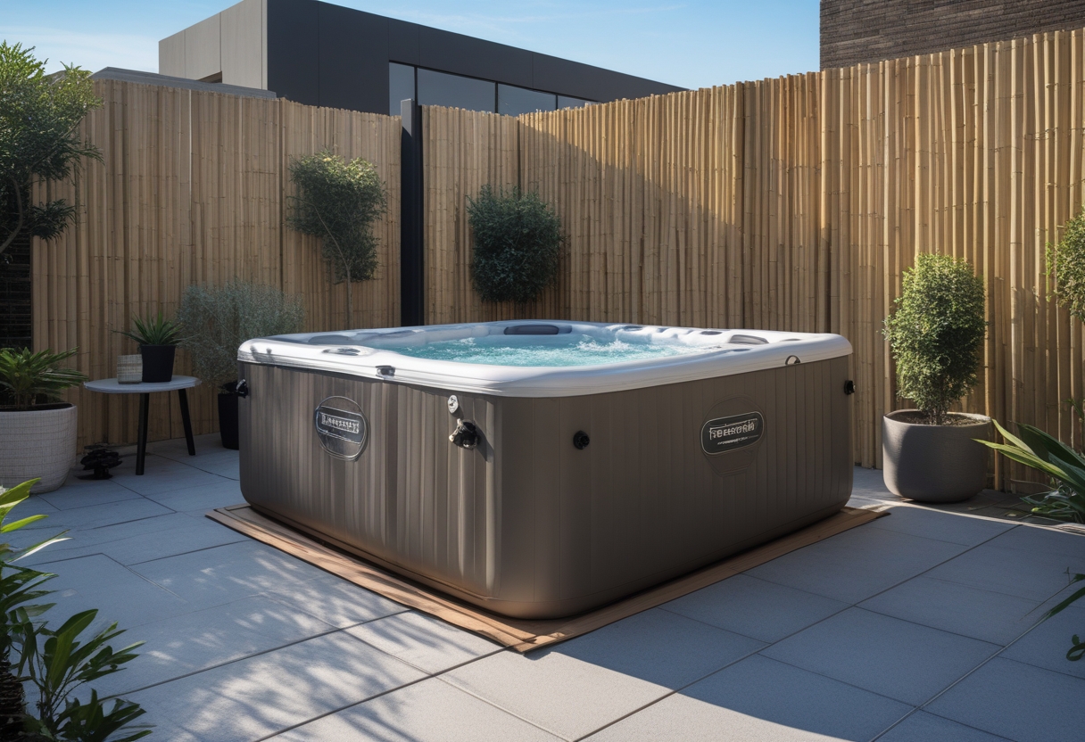 An inflatable jacuzzi on a small patio with privacy screens and outdoor plants.