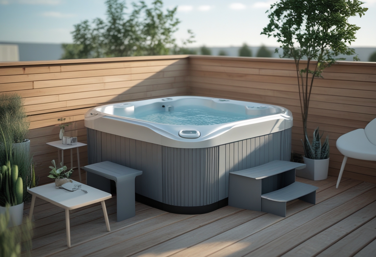 A small wooden outdoor deck with a corner plunge hot tub, surrounded by minimal furniture and plants.