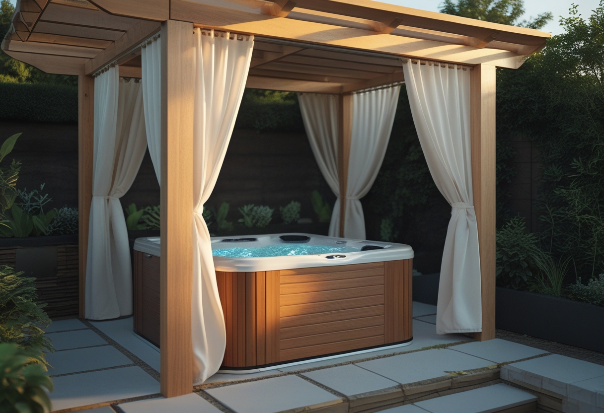 Small outdoor jacuzzi under a wooden pergola with retractable privacy curtains and surrounding plants.