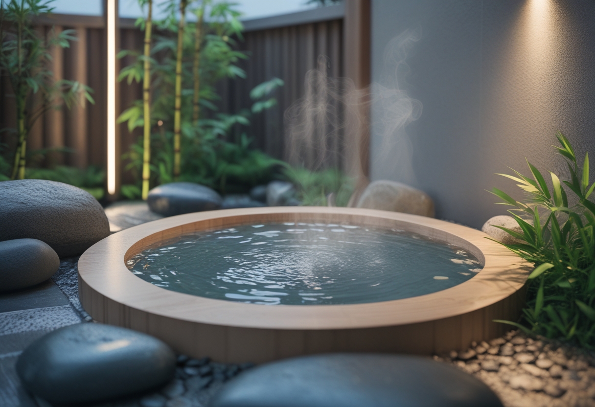 A small outdoor soaking tub with wooden surround in a peaceful garden setting.