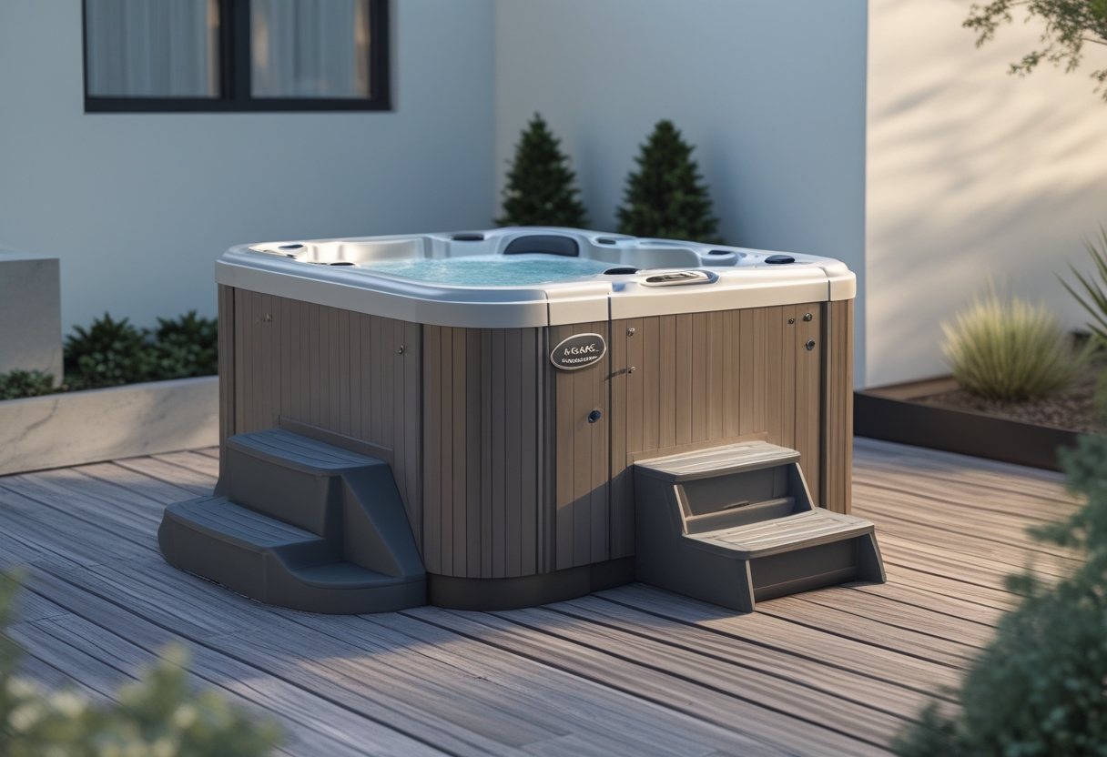 A raised deck-mounted compact outdoor jacuzzi with built-in storage steps surrounded by decking and plants.