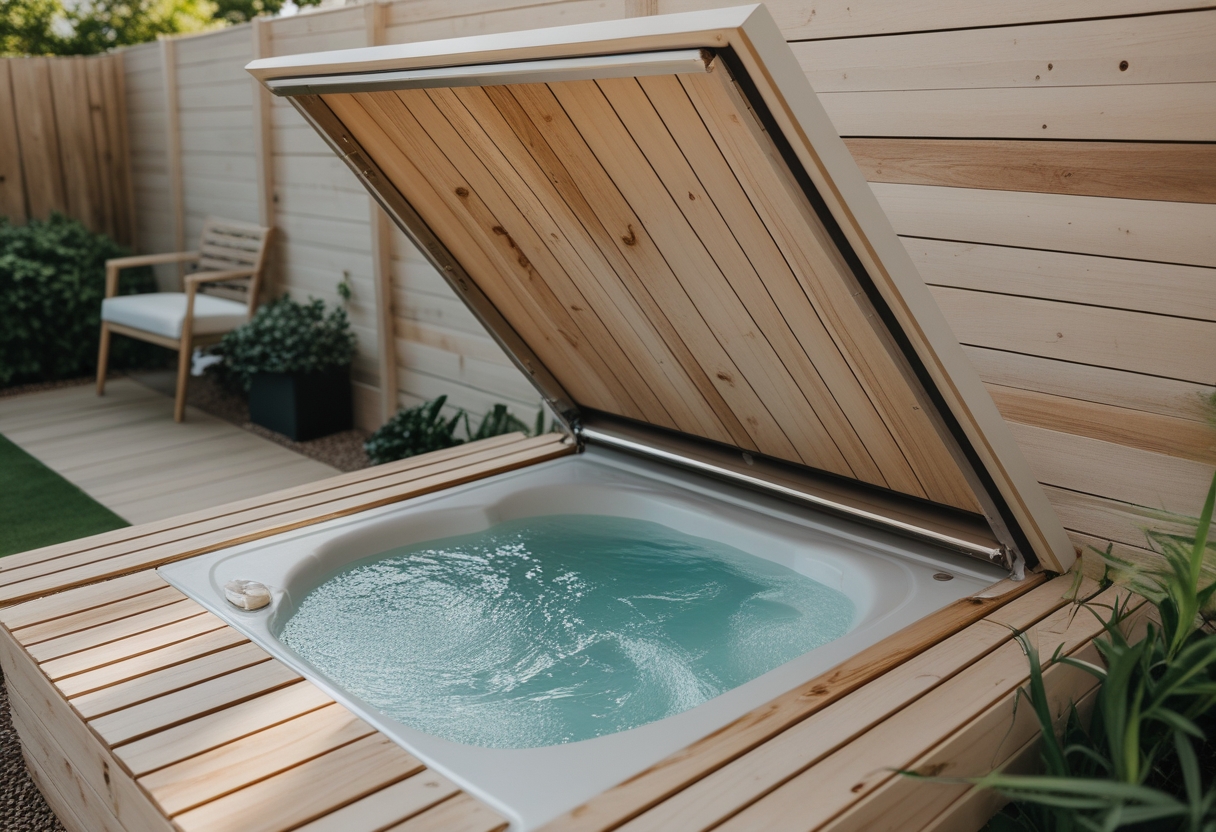 A small outdoor yard with a wooden deck hatch open to reveal a hidden hot tub surrounded by plants and outdoor furniture.