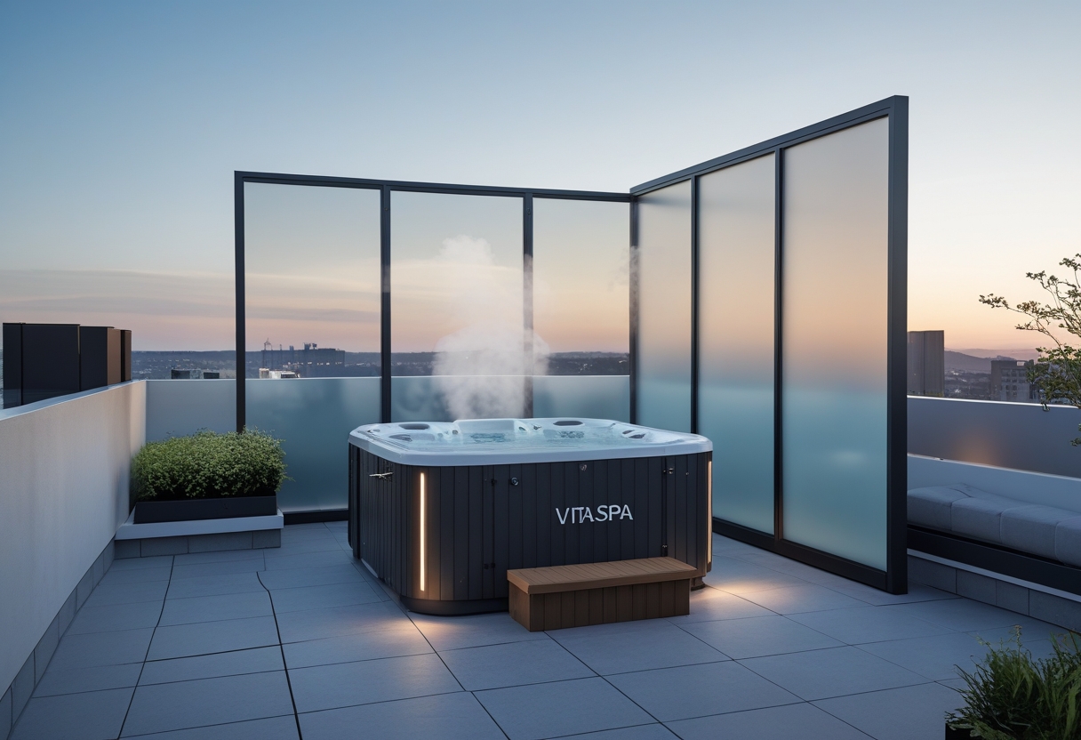 Rooftop with a compact hot tub surrounded by windbreak panels, overlooking a cityscape under a clear sky.