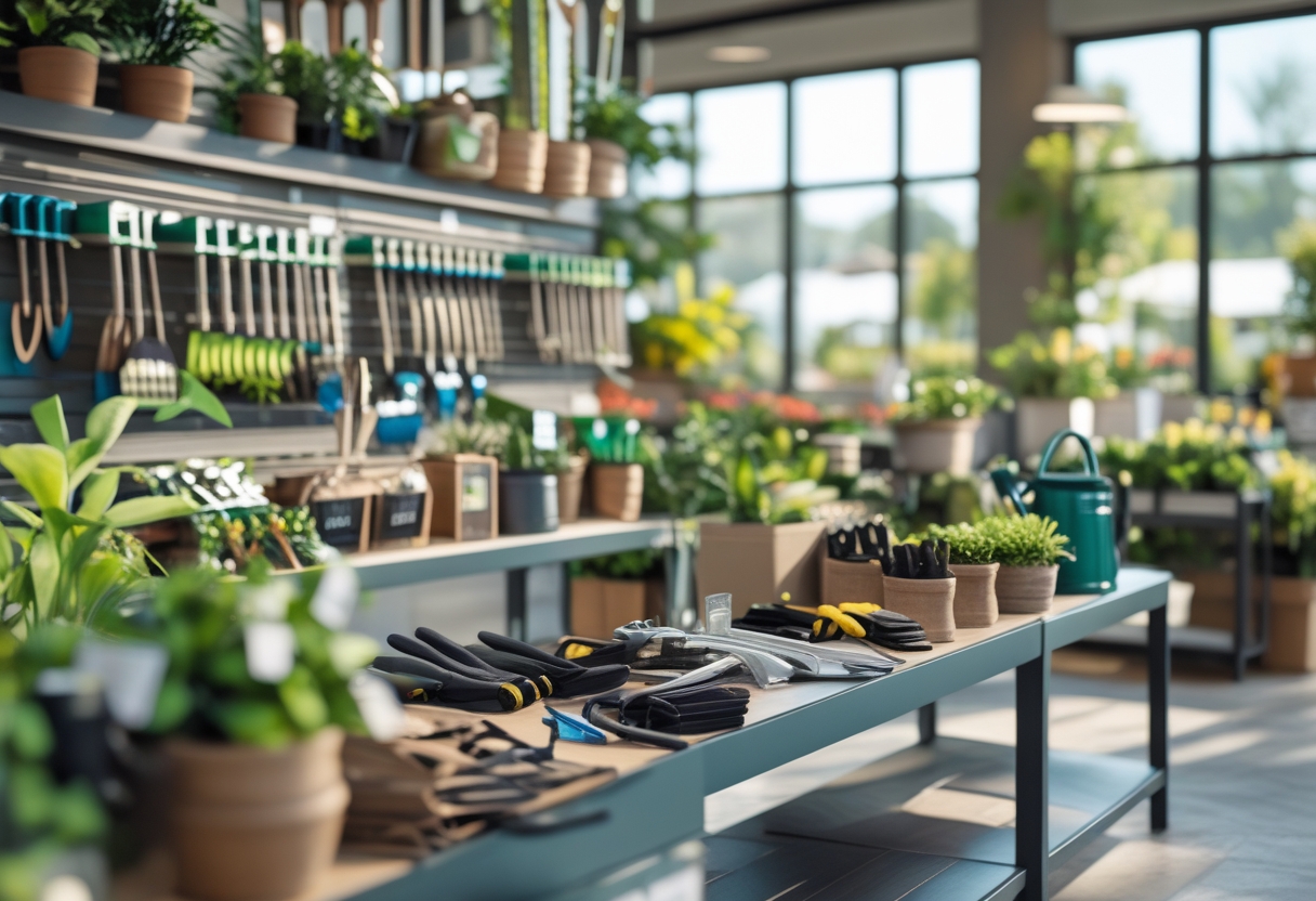 A bright garden store interior displaying an organized assortment of gardening tools and supplies on shelves and tables.