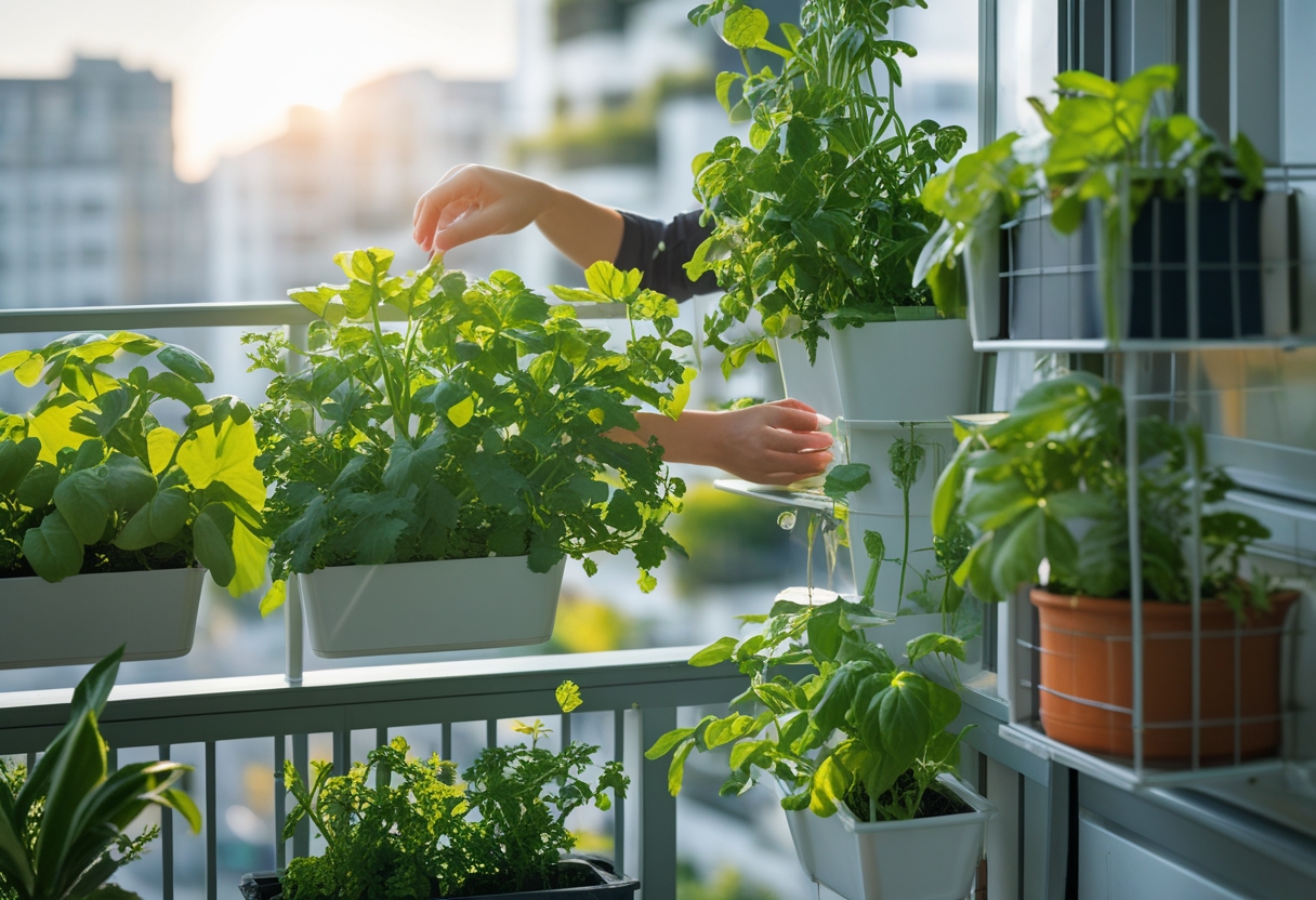 A small urban balcony garden with various plants growing in containers and a person tending to them, with city buildings visible in the background.