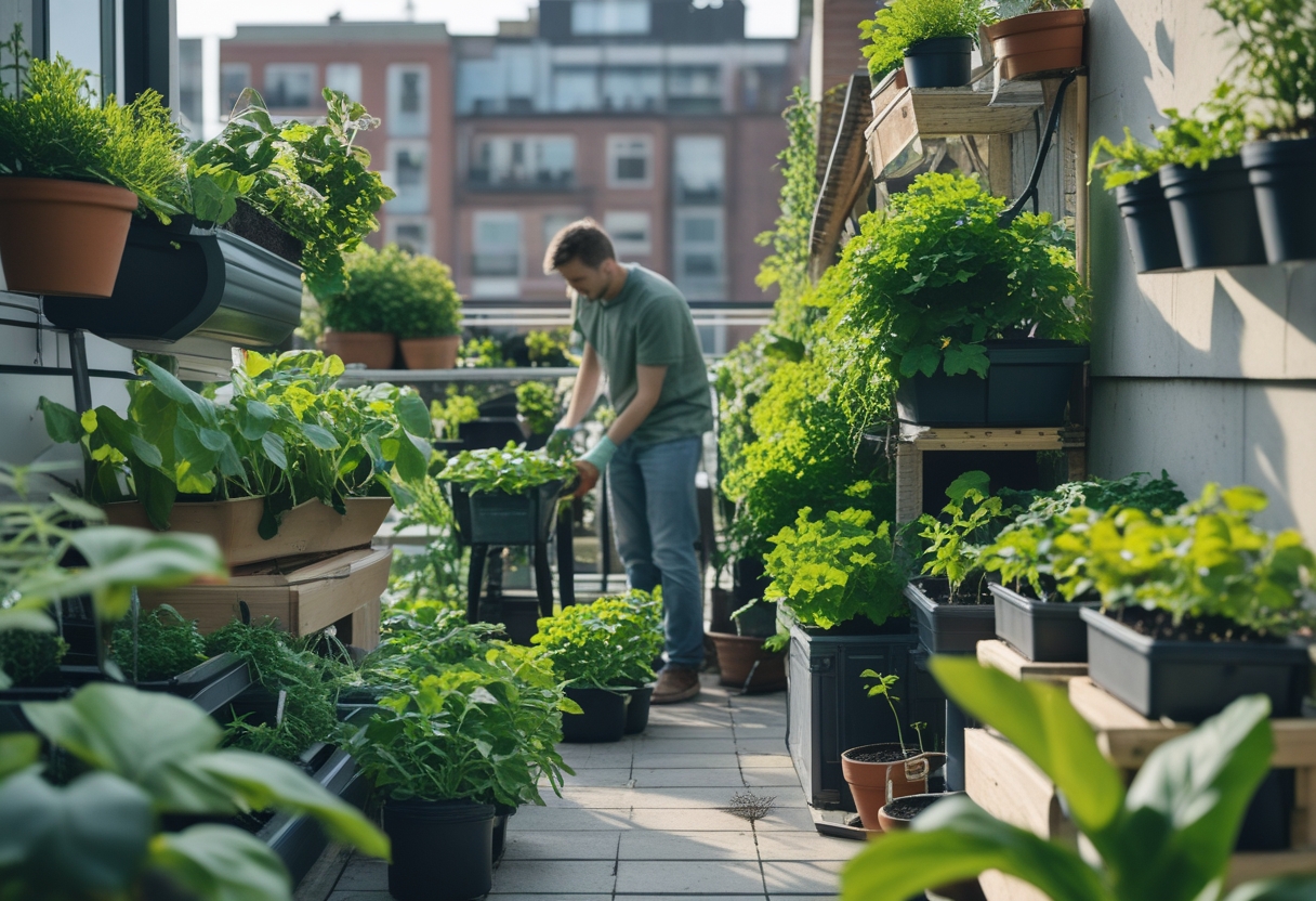 A person tending to plants in containers on a small urban balcony garden surrounded by buildings.