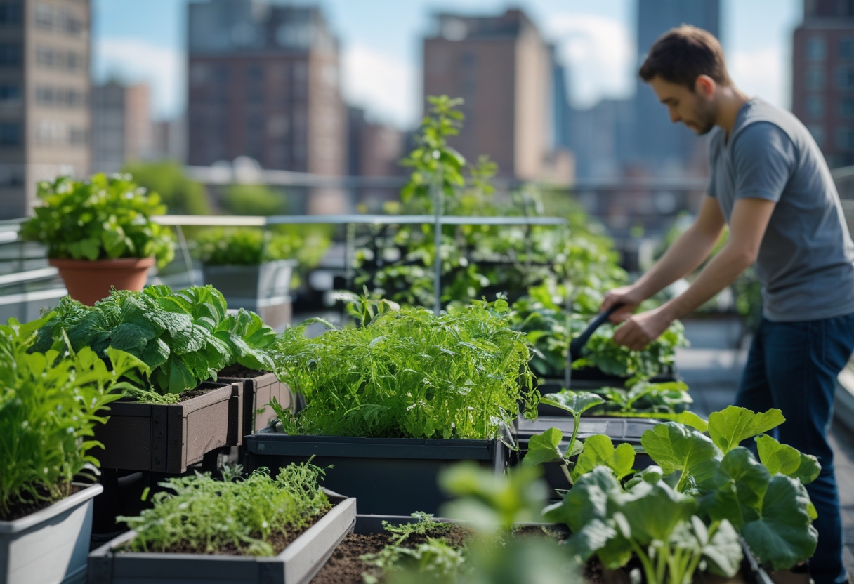 A person tending to healthy green plants growing in containers on a small urban balcony garden with city buildings in the background.