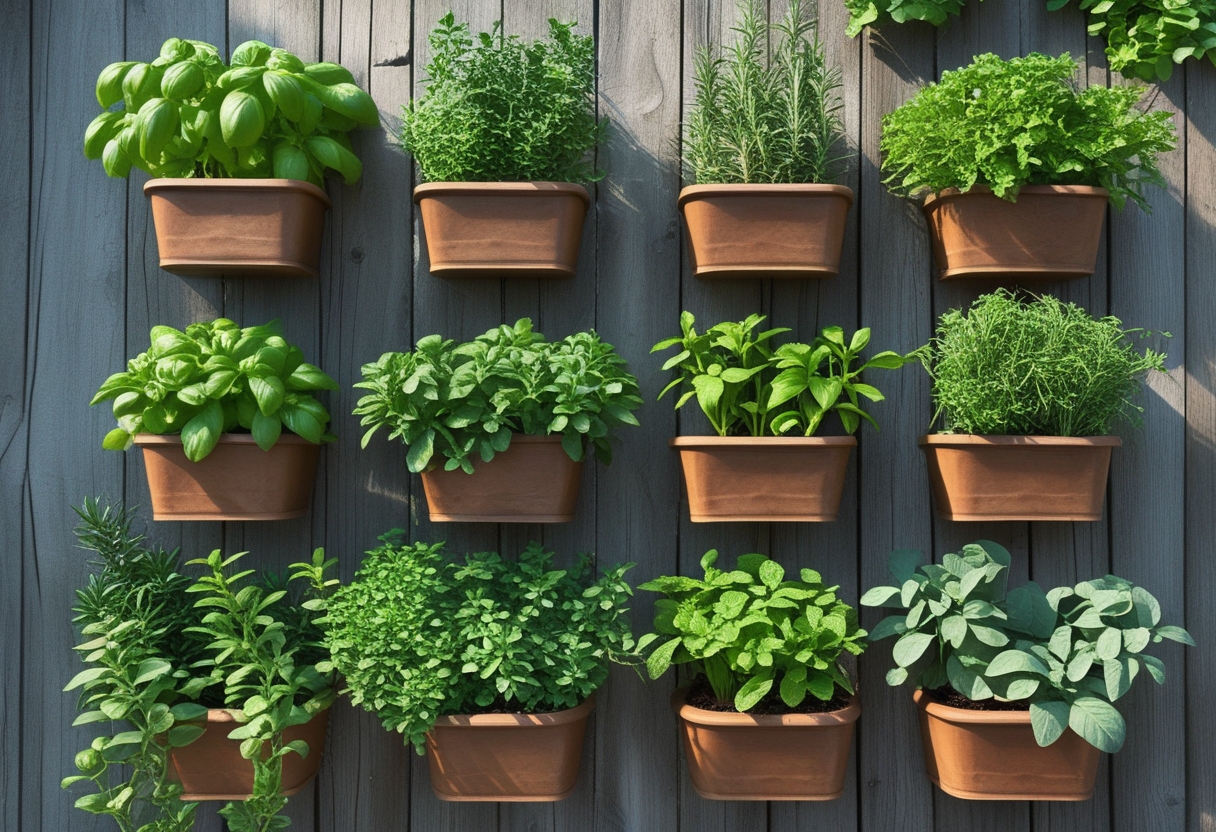 A wall-mounted herb garden with nine different green herb plants in pots arranged on a wooden surface.