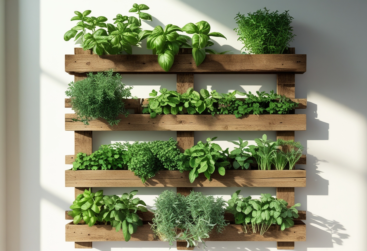 A vertical wooden pallet mounted on a wall holding nine different healthy green herbs growing in separate compartments.