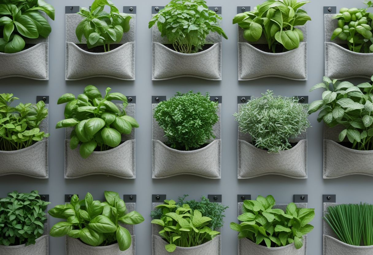 A vertical garden wall with nine felt pockets, each containing different fresh green herbs.