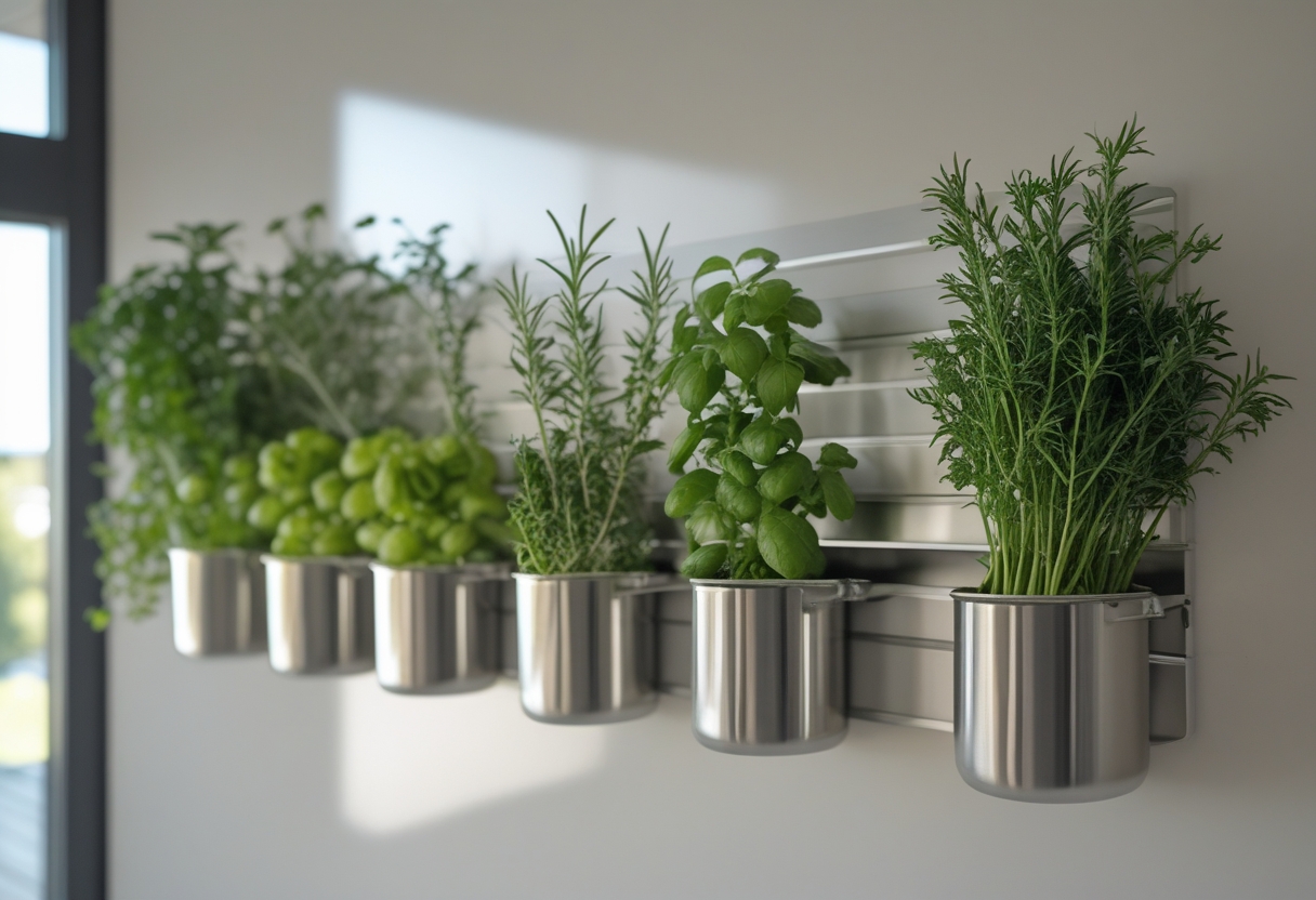 A kitchen wall with a magnetic strip holding nine fresh herbs and stainless steel containers attached below.