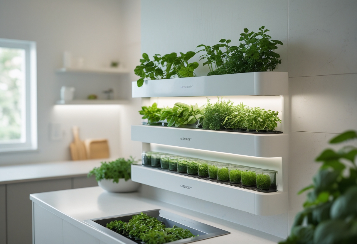 A hydroponic countertop herb wall with nine different green herbs growing in a modern kitchen setting.