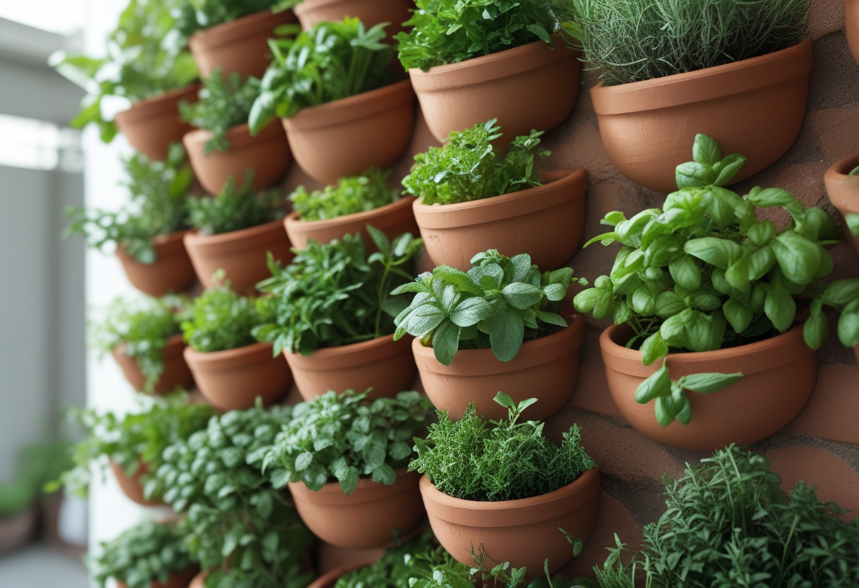 A vertical terracotta pocket wall with nine different green herbs growing in individual pockets.