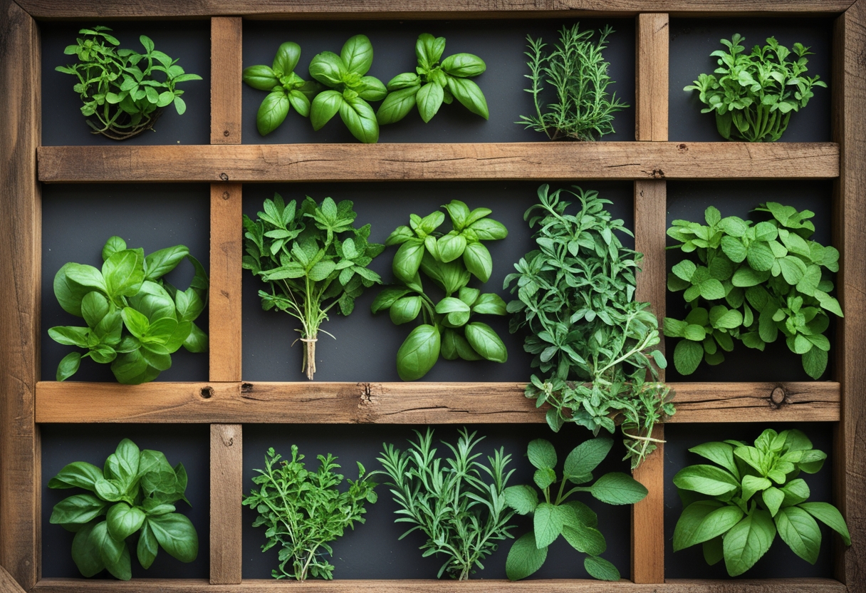 A reclaimed wood frame mounted on a wall containing nine sections of different fresh green herbs.