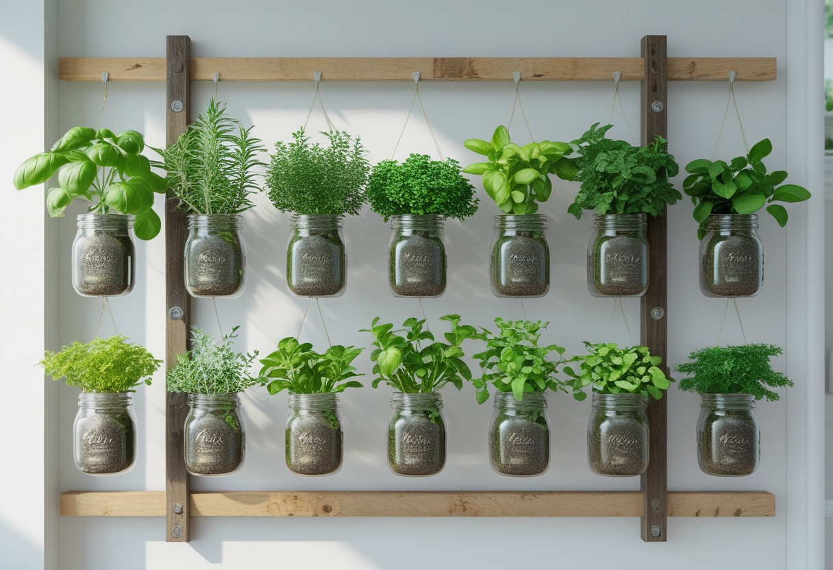 Nine mason jars hanging on a wall, each containing a different green herb plant.