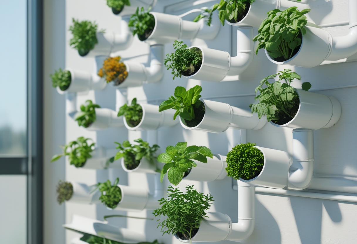 Vertical wall garden with nine different herbs growing in white PVC pipes with an irrigation system.