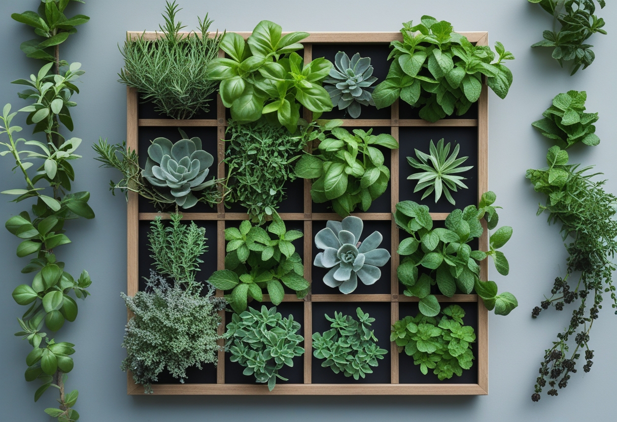 A vertical garden frame filled with nine different herbs and succulents arranged on a wall.