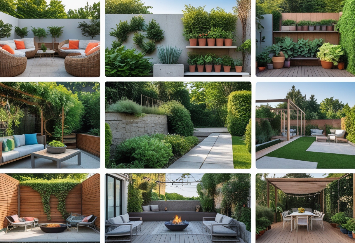 An outdoor patio area displaying nine different garden setups including seating, plants, pathways, and decorative features.