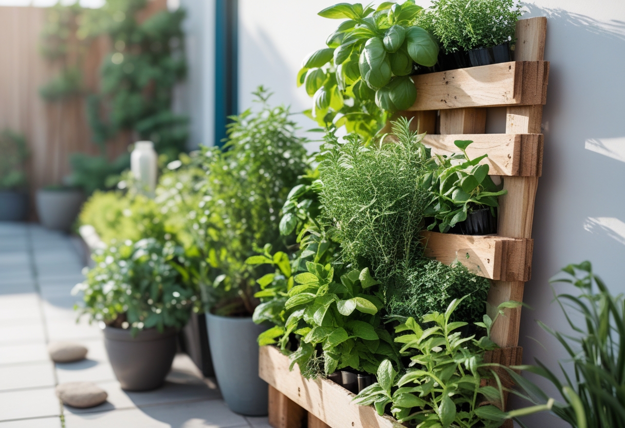 A vertical wooden pallet filled with various green herbs on a sunlit patio surrounded by potted plants.