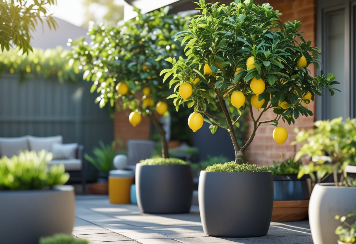 A sunny patio garden with several potted Meyer lemon trees bearing ripe yellow fruit surrounded by other plants and garden decor.