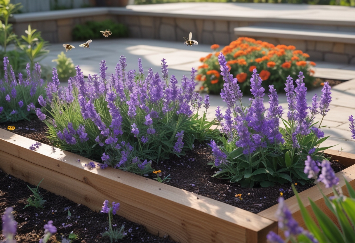 A raised garden bed filled with blooming lavender and salvia flowers attracting bees and butterflies in a patio garden.
