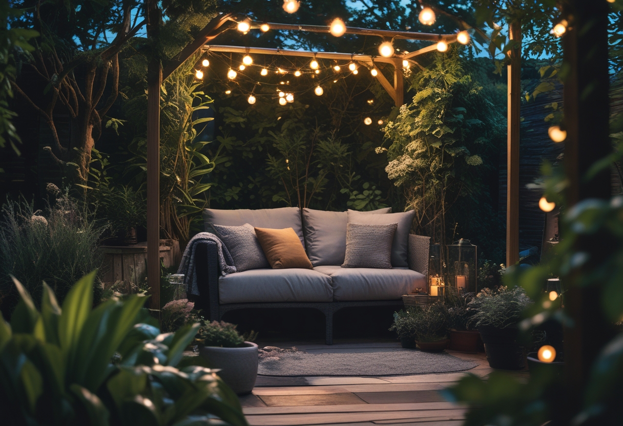 A cozy outdoor seating nook with a weatherproof sofa under string lights surrounded by plants in a patio garden.