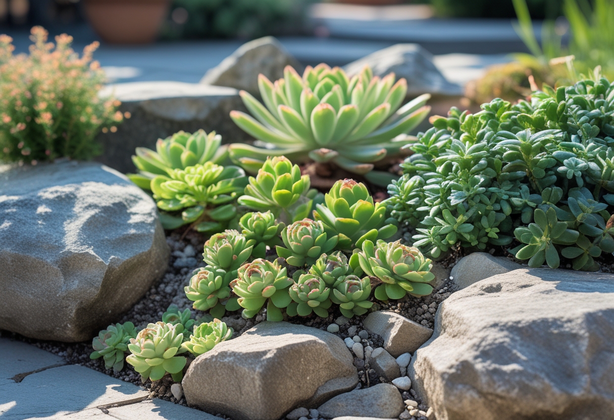 A succulent rock garden with hens-and-chicks and sedum plants arranged among natural stones on a sunny patio.