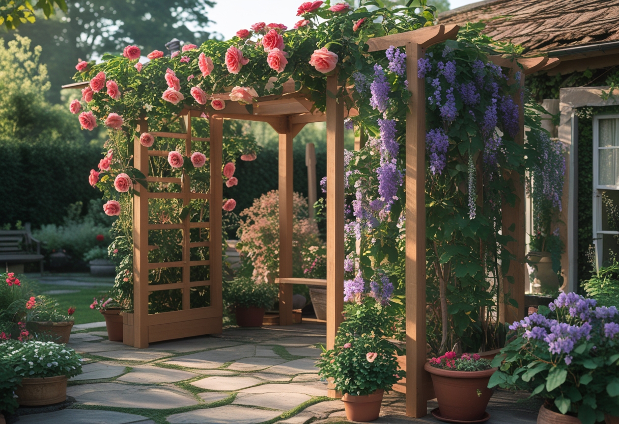 A wooden trellis on a patio supporting blooming climbing roses and clematis surrounded by potted plants and outdoor seating.