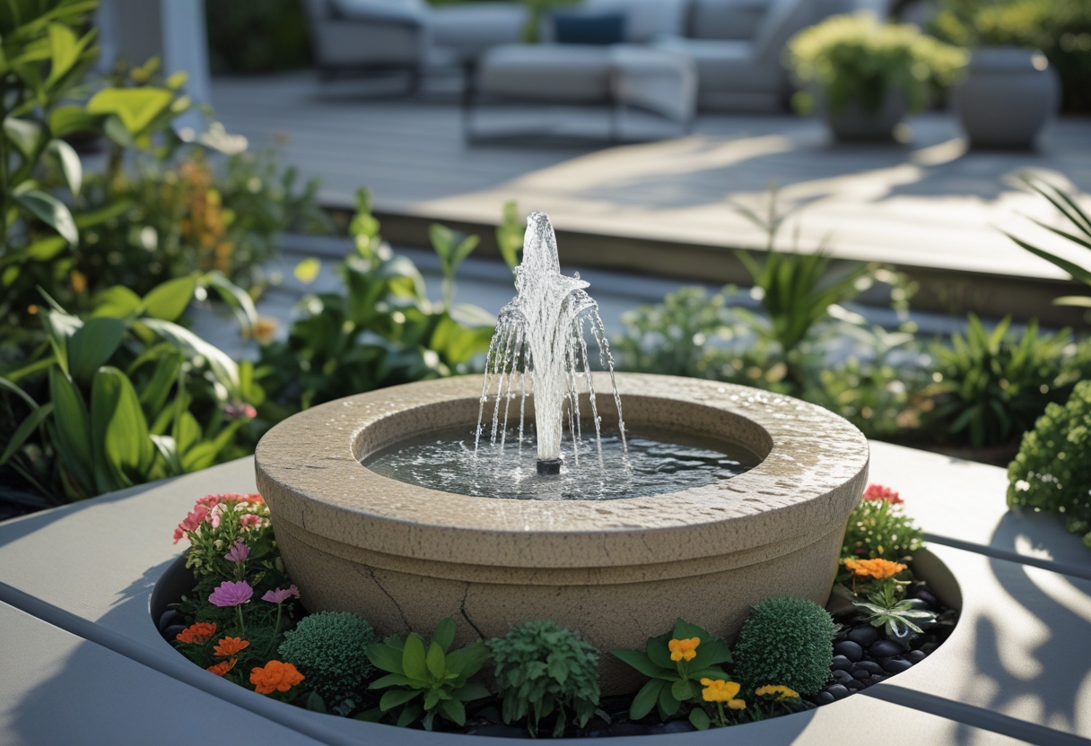 A small solar-powered water fountain on a patio surrounded by plants and flowers with outdoor seating in the background.