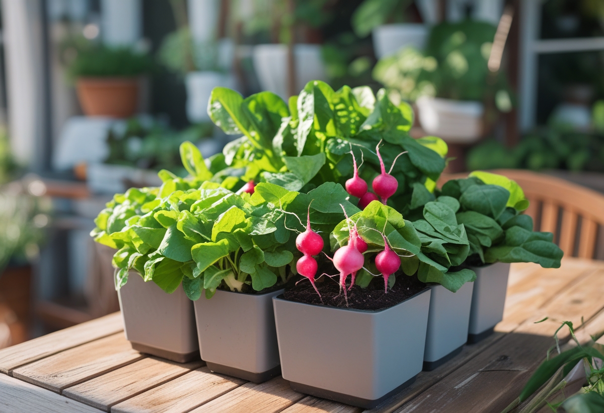 A patio garden with pots of leafy greens and radishes growing on a wooden table in natural sunlight.