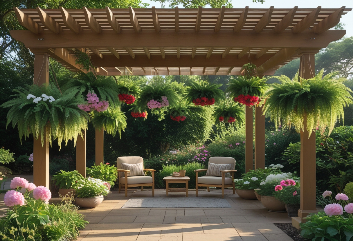 A patio with a wooden pergola shaded by hanging ferns and colorful begonias, surrounded by outdoor seating and garden plants.
