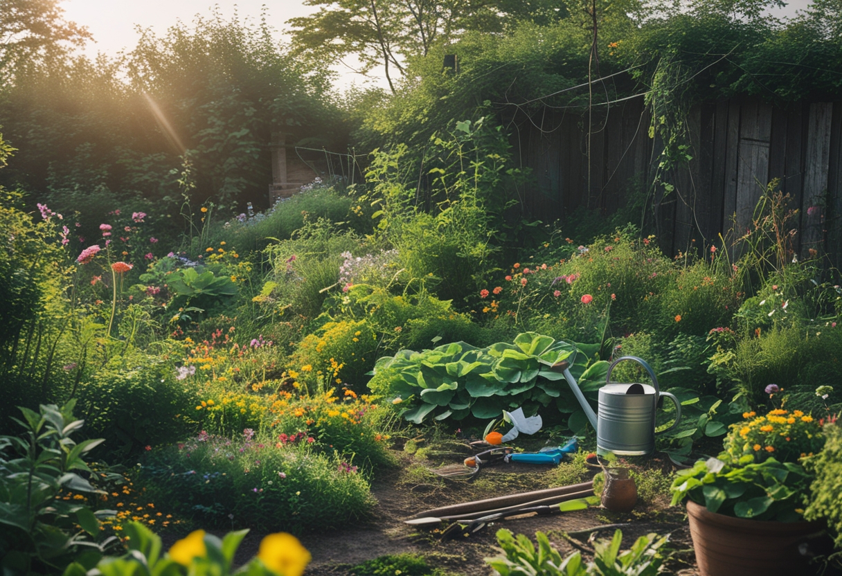 A wild and overgrown garden with colorful flowers, scattered gardening tools, and dense plants under sunlight.