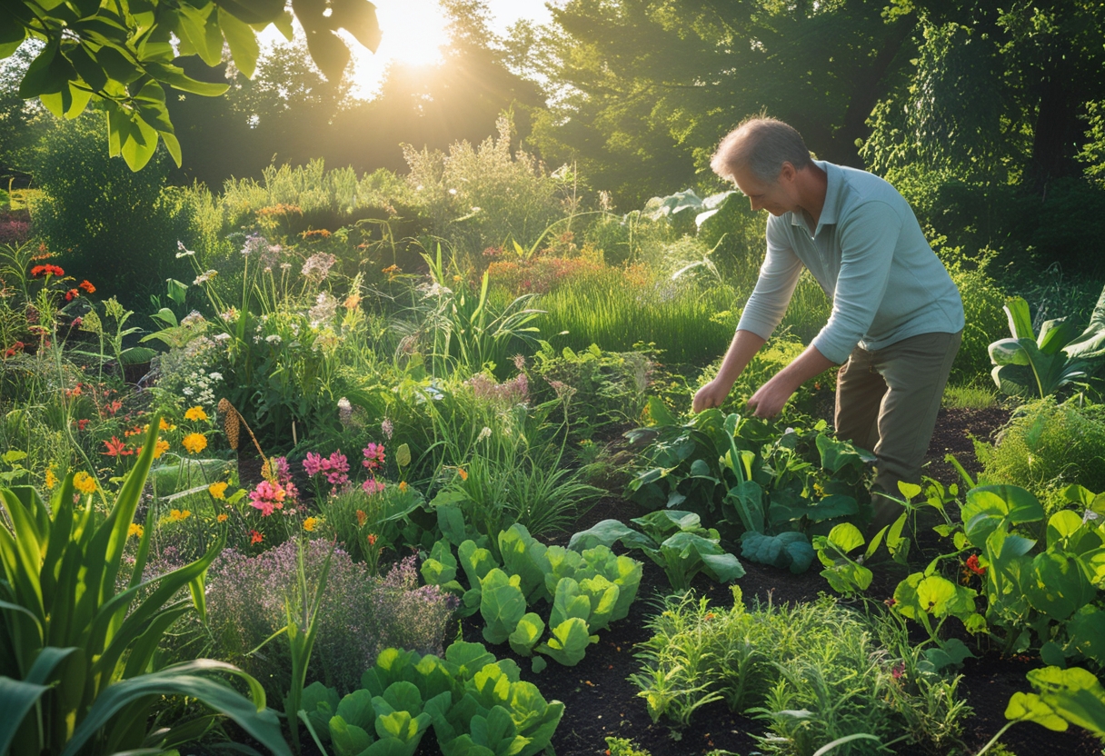 A gardener tending to a colorful, wild garden with various plants growing freely under sunlight.