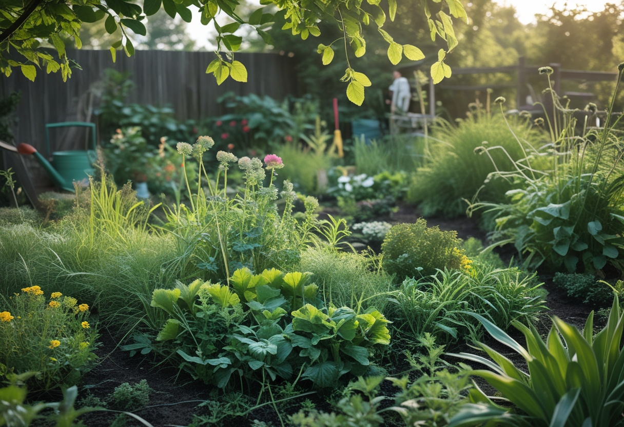 A lush garden with a variety of plants growing naturally and intertwined, with sunlight filtering through leaves and gardening tools nearby.