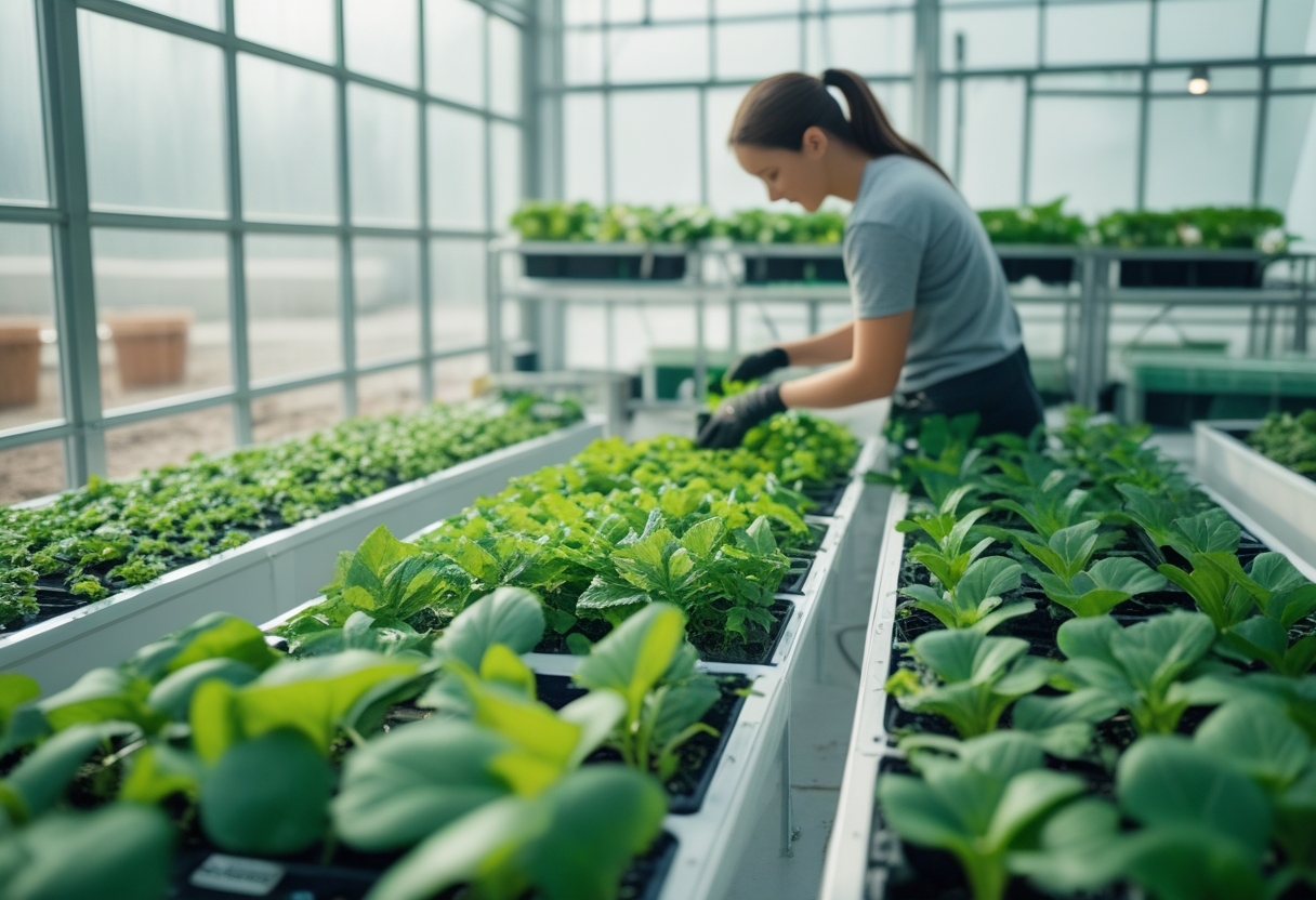 Indoor hydroponic garden with rows of green leafy vegetables growing in water-filled trays and a person tending to the plants.