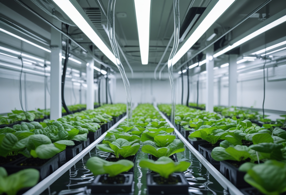 Indoor hydroponic gardening system with rows of green plants growing in water under LED grow lights.