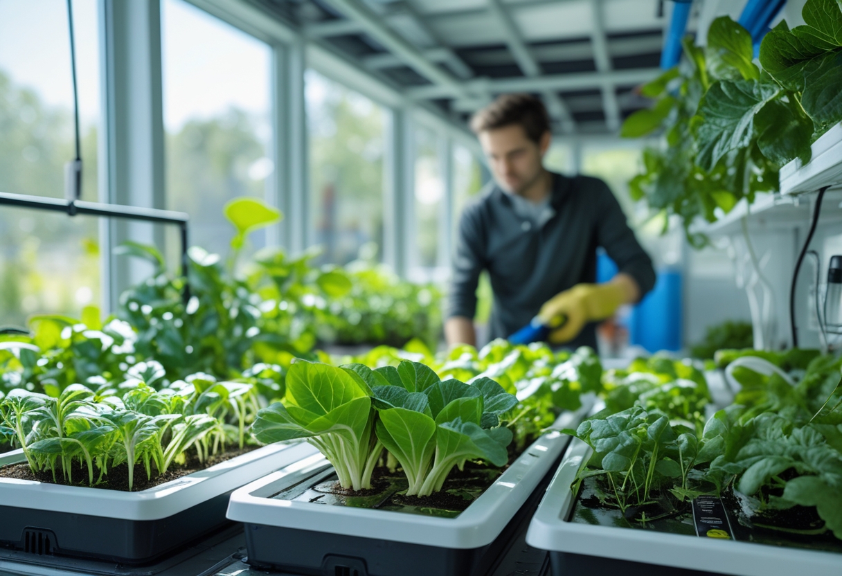 Indoor hydroponic garden with healthy green plants growing in white trays and a person tending to them.