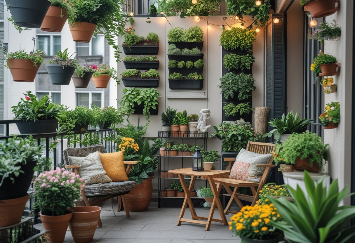A small urban balcony decorated with various plants, flowers, hanging pots, fairy lights, and cozy outdoor furniture.
