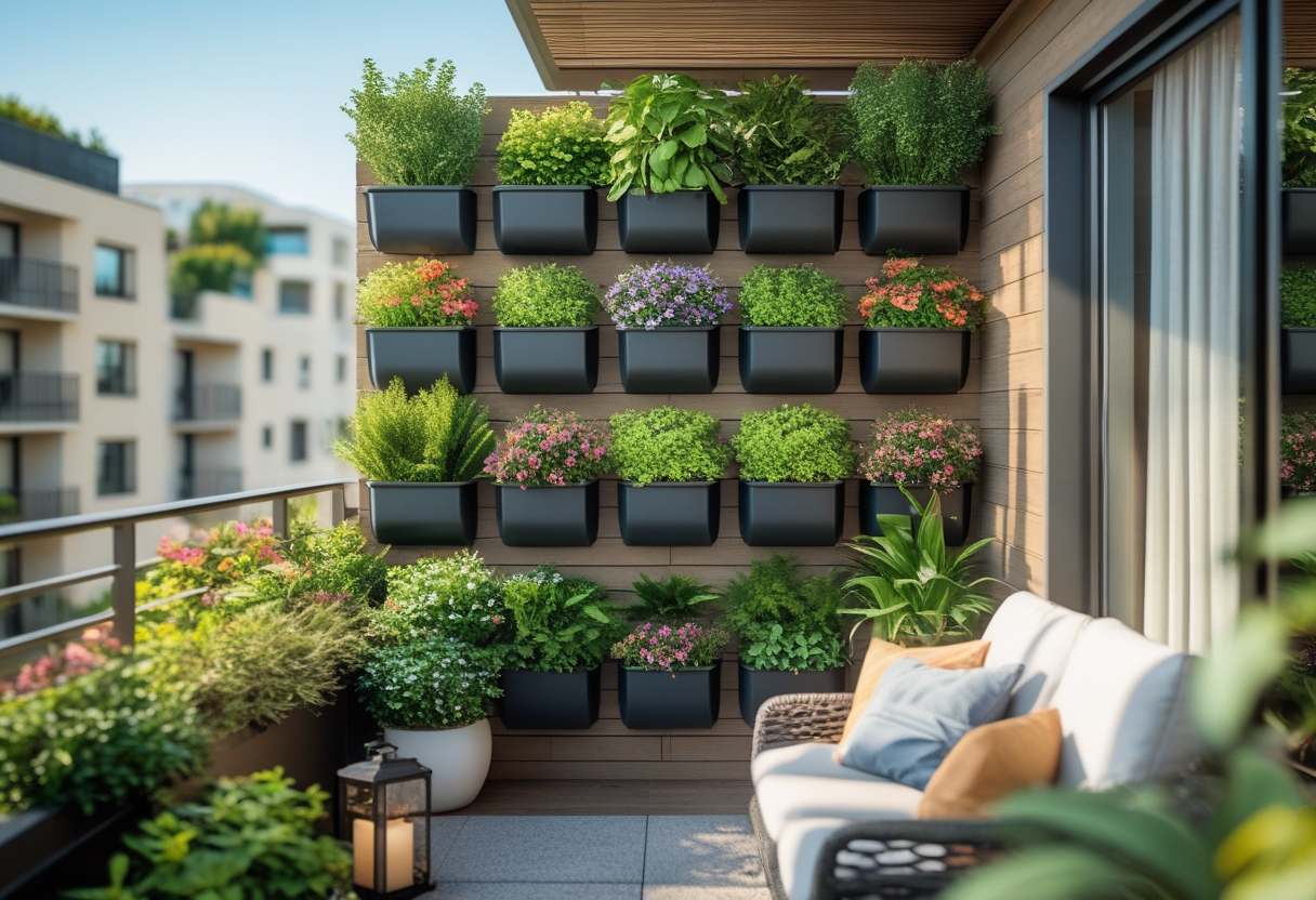 A balcony with a vertical living wall made of modular pocket planters filled with green plants and flowers, along with cozy seating and decorative elements.