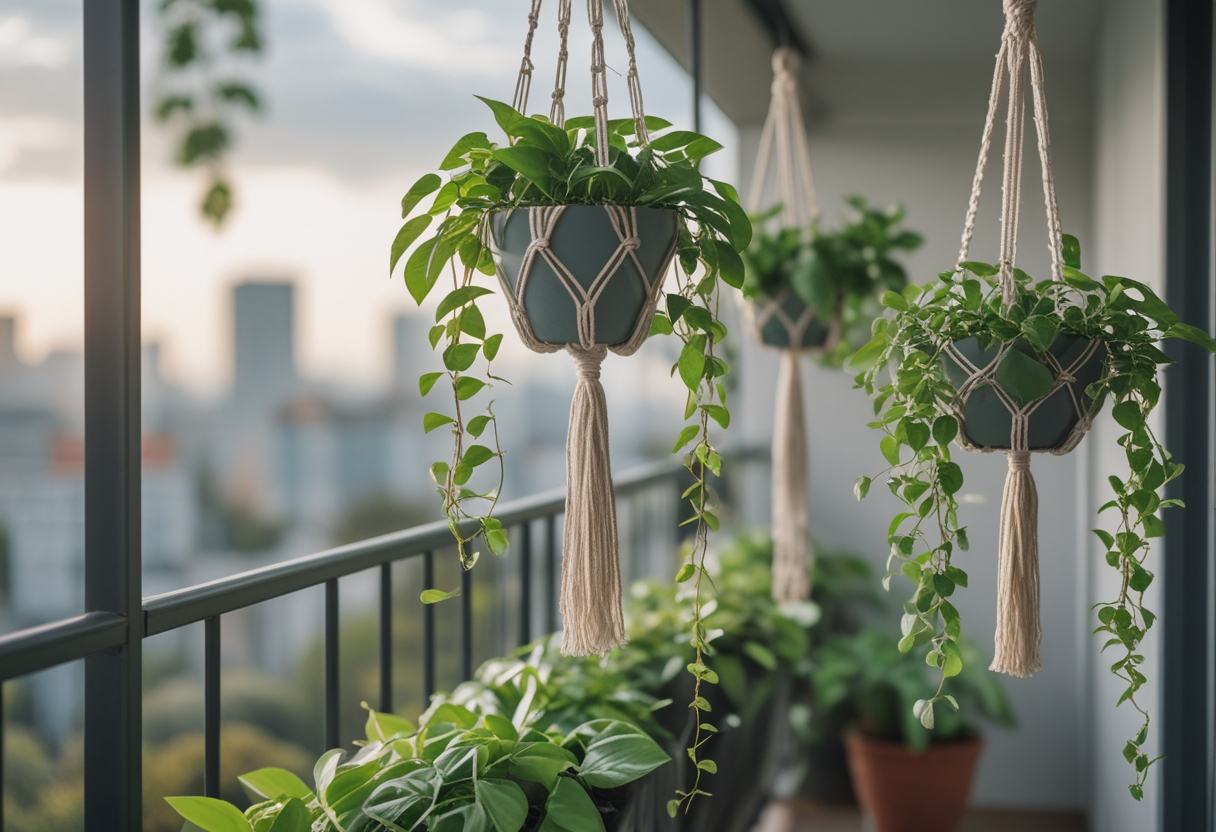 Balcony with hanging macramé plant hangers holding trailing pothos plants.