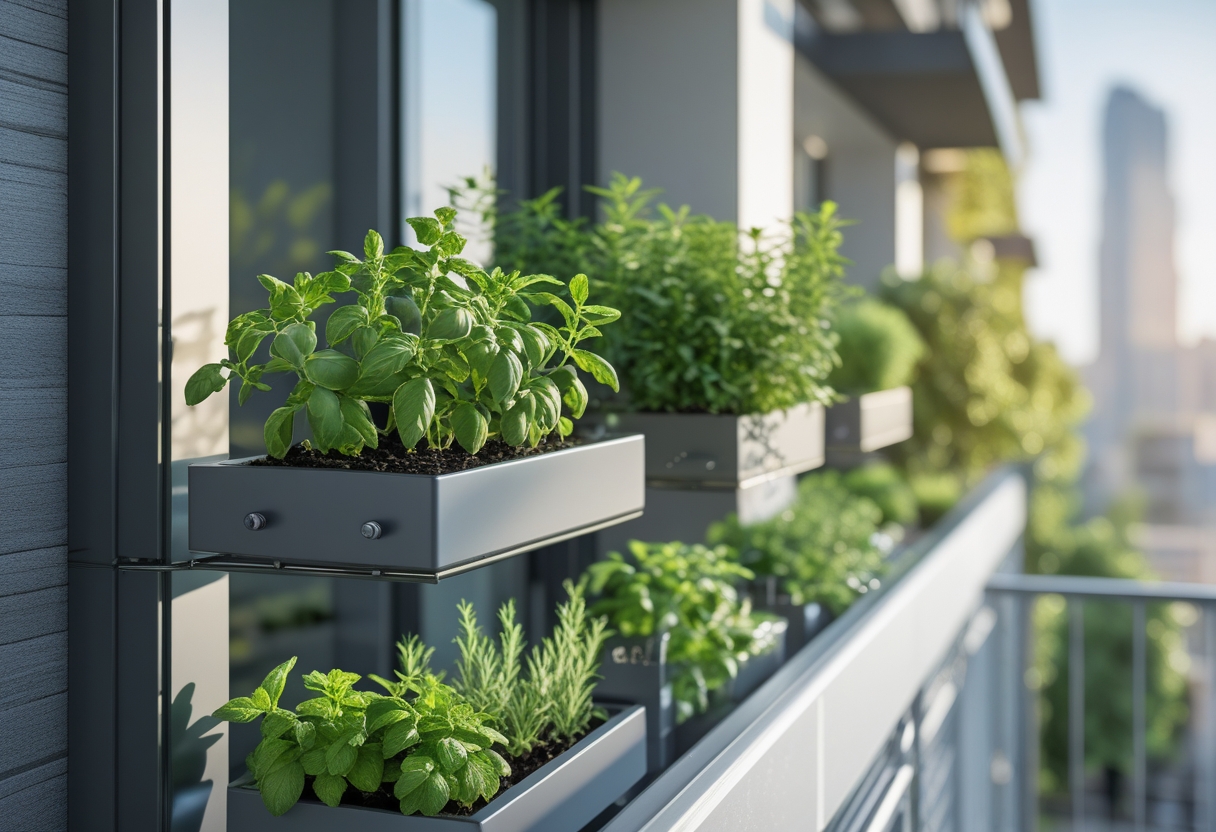 A balcony with rail-mounted planter boxes filled with green herbs like basil and rosemary.