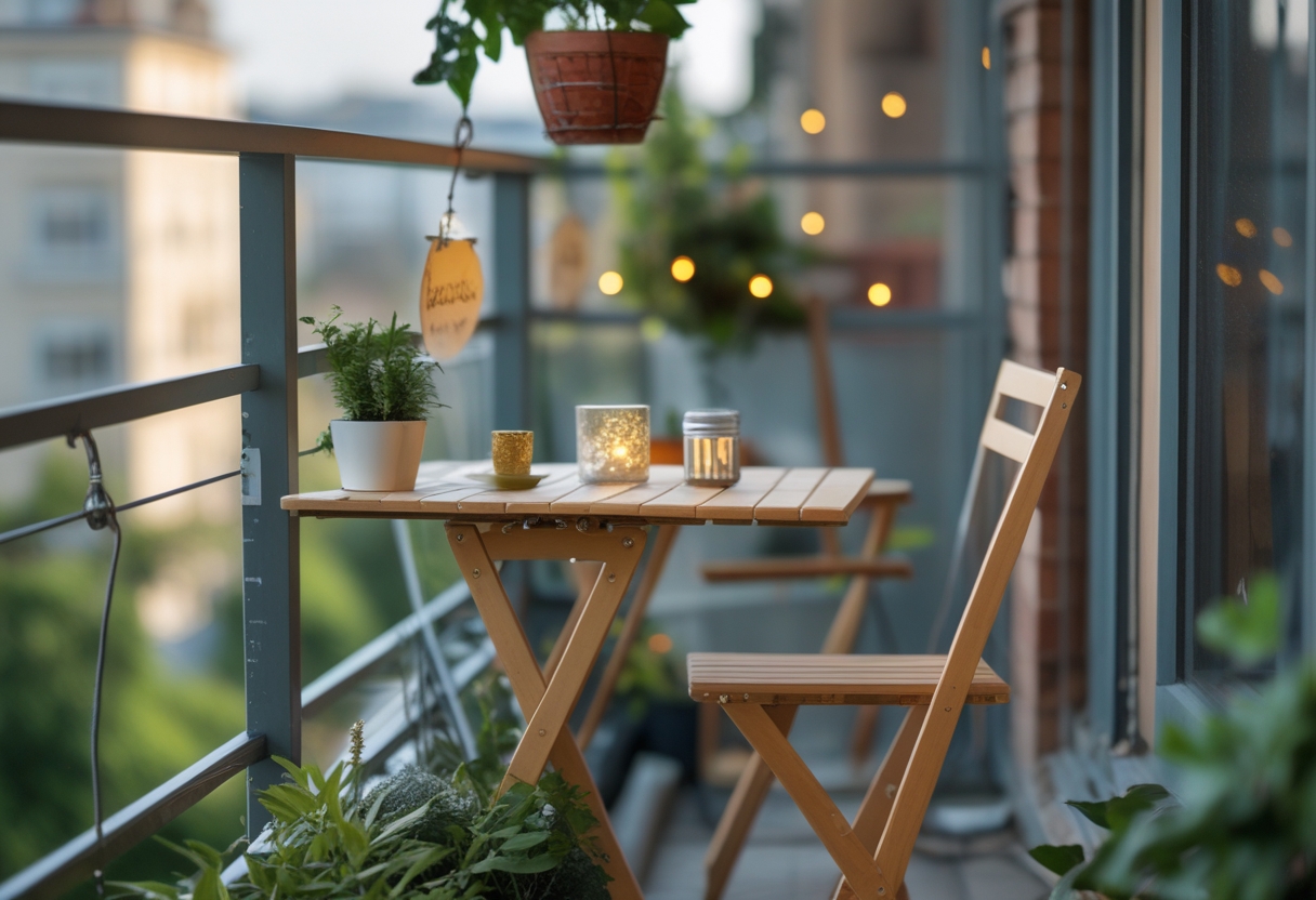 A small balcony with a fold-down wooden bistro table and one chair surrounded by green plants and flowers.
