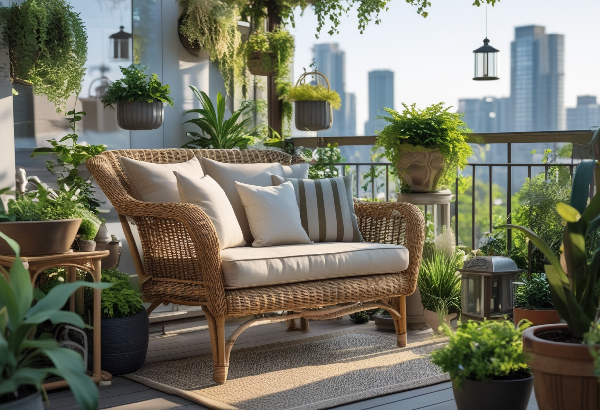 A weatherproof rattan loveseat with outdoor cushions on a balcony surrounded by green plants and garden decor.