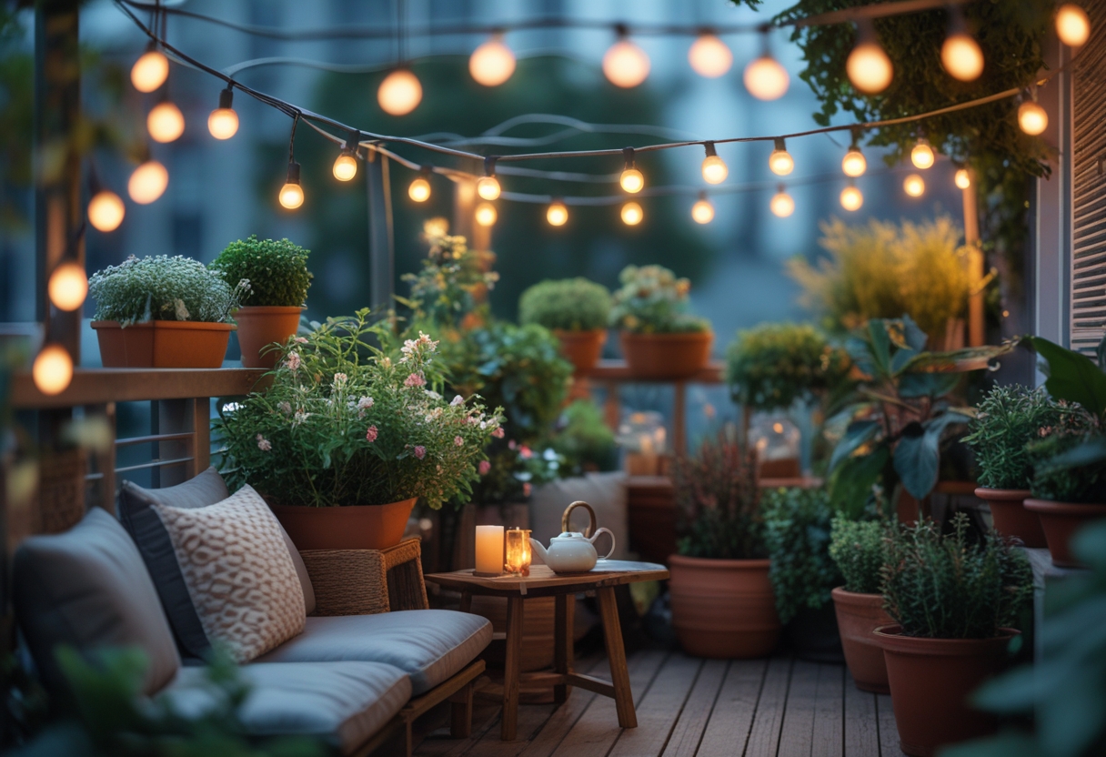 A balcony garden with string café lights glowing warmly above plants and outdoor seating.