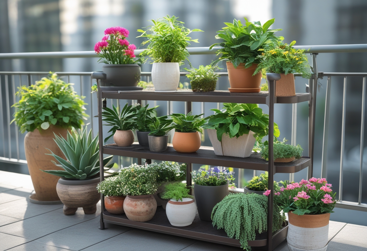 A tiered metal plant stand on a balcony holding various plants in different pots with a city view in the background.