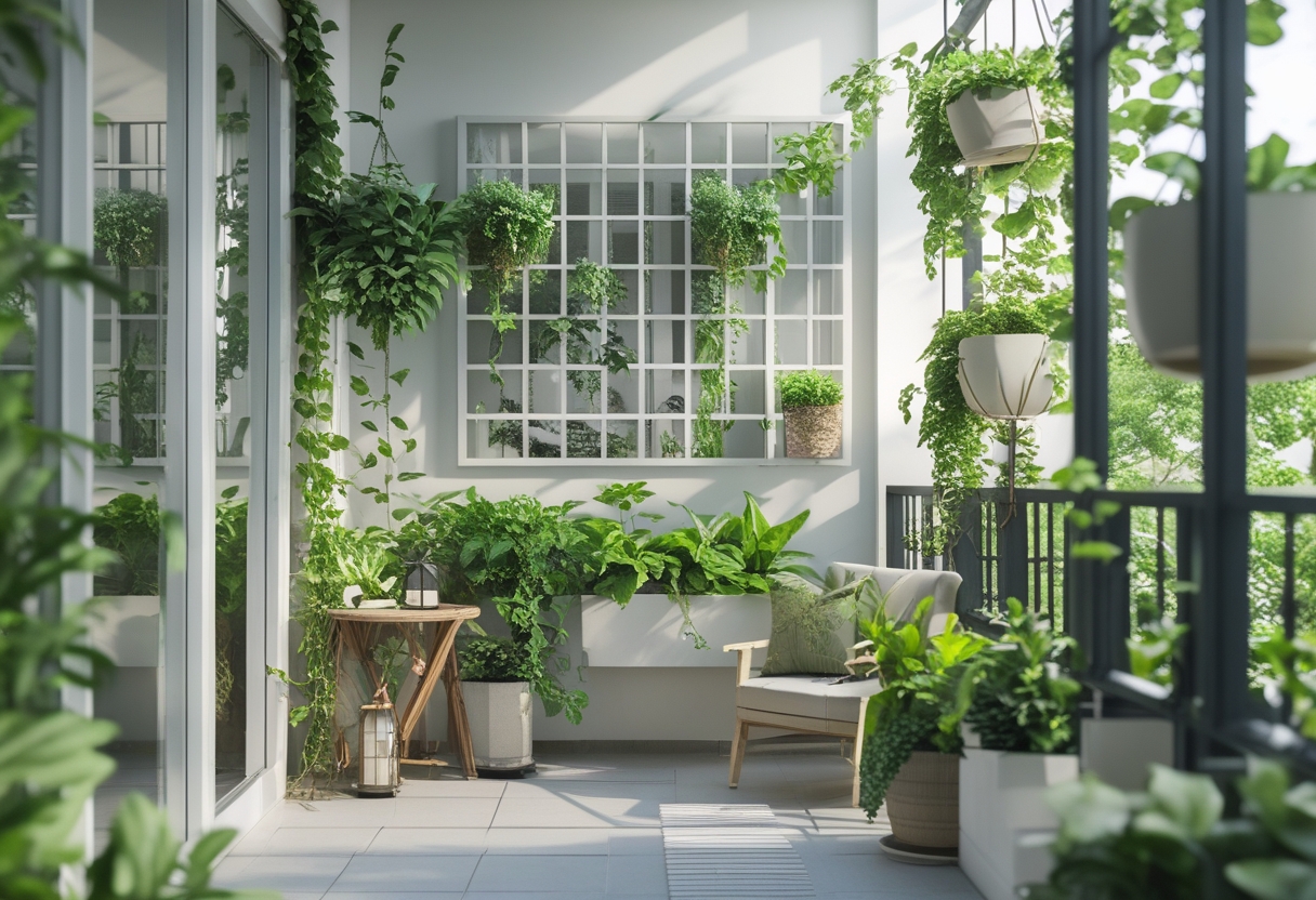 A balcony garden with a mirrored trellis reflecting green plants and sunlight, surrounded by various potted and hanging plants.