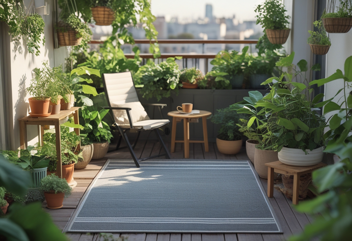 A balcony garden with green plants, a wooden chair, a side table, and a colorful outdoor rug.