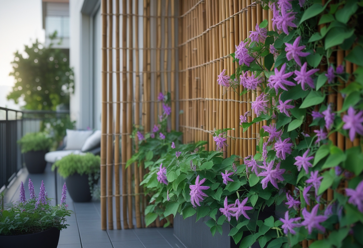 A balcony with a bamboo privacy screen covered in climbing clematis flowers and green leaves.